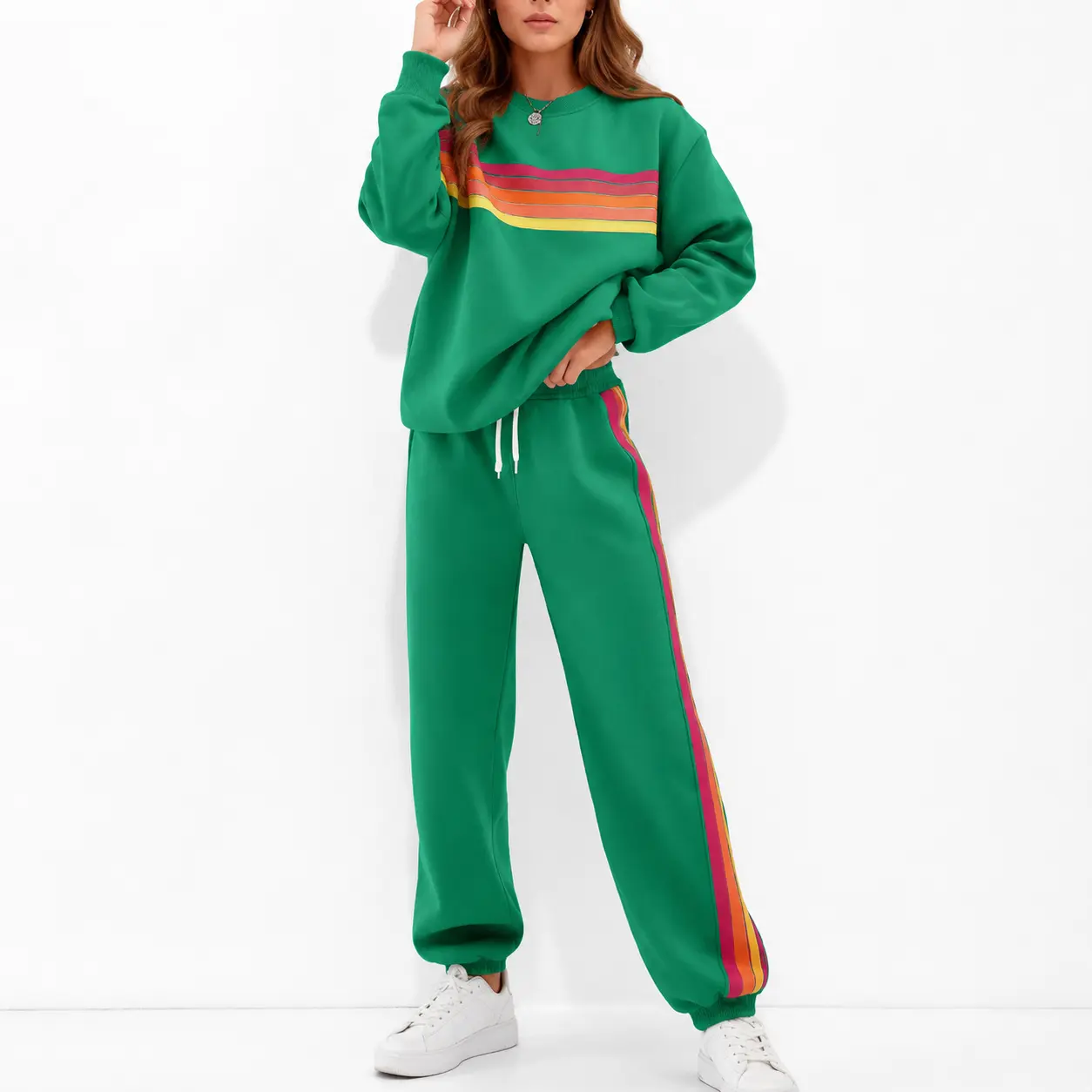 Women's 2-Piece Sweatsuit Set, Retro Rainbow Stripe Crewneck Sweatshirt & Jogger Track Pants, Matching Lounge Tracksuit, Casual Fall Outfit, Travel & Everyday Wear