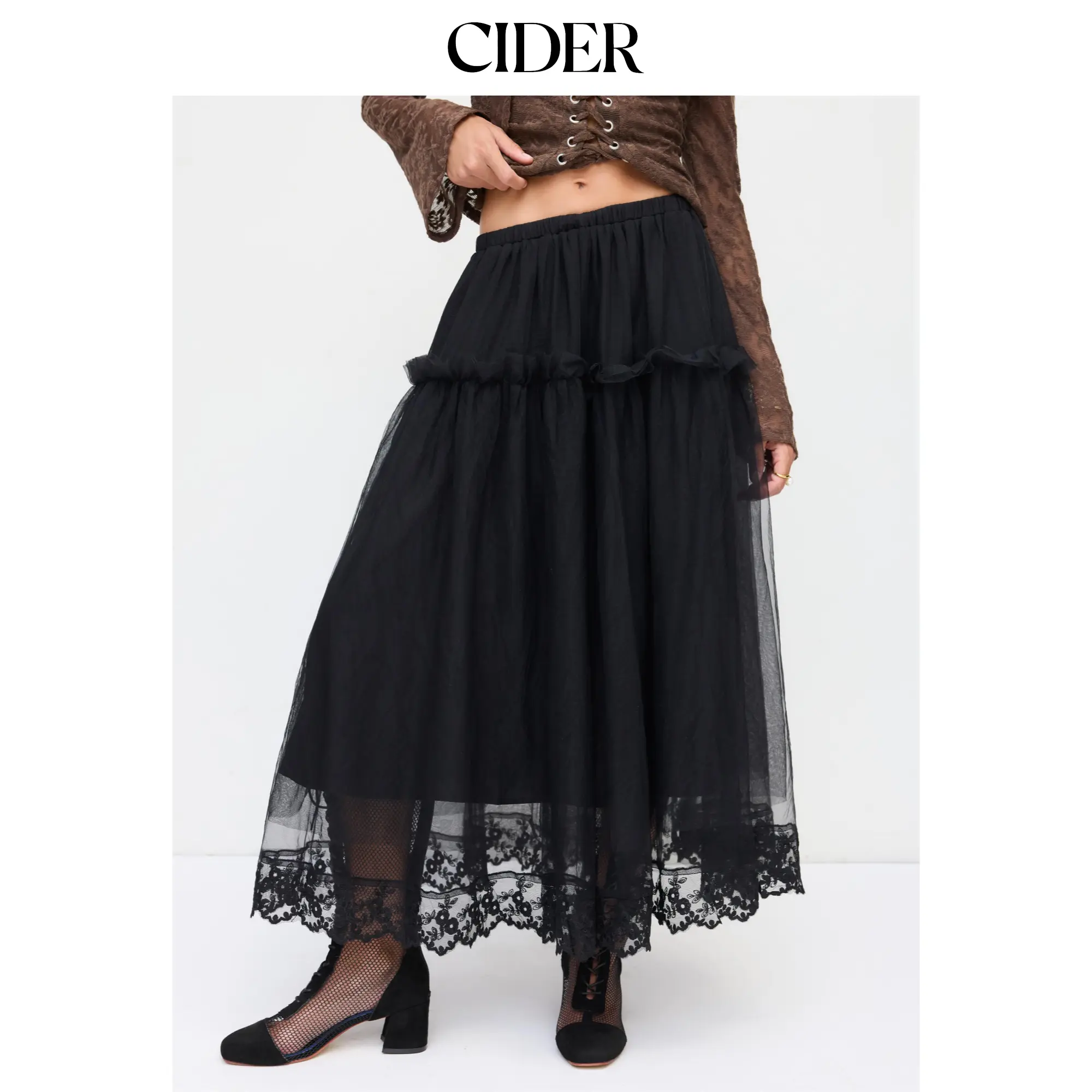 Cider Mesh Mid Rise Lace Trim Ruched Tulle Midi Skirt
