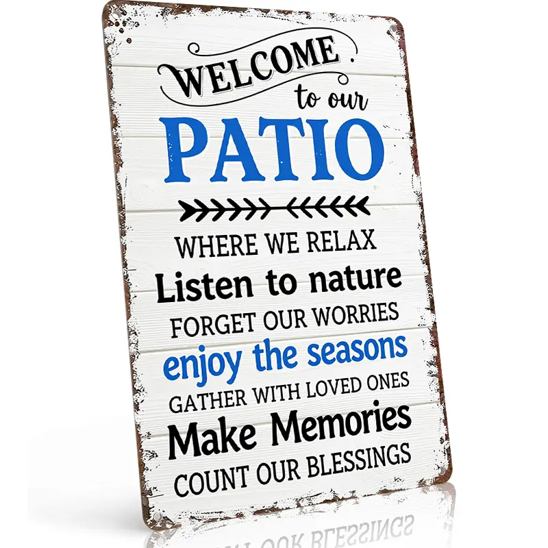 "Welcome to Our Patio" Coastal Outdoor Aluminum Metal Sign, 8x12 Inch Vintage Wall Decor for patio, pool house, lake cabin, Waterproof & Rust-Free, funkyroom decor, vintage metal art, gift, home decor wall art