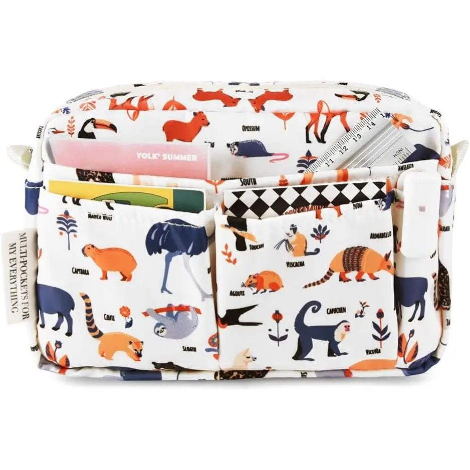 Multiple Pockets Portfolio Organizer with Zippered, Makeup Bag Travel Essentials for Women, Simple  Stationery Pencil Pouch Bag for Journal Office Art Supplies.White Zoo
