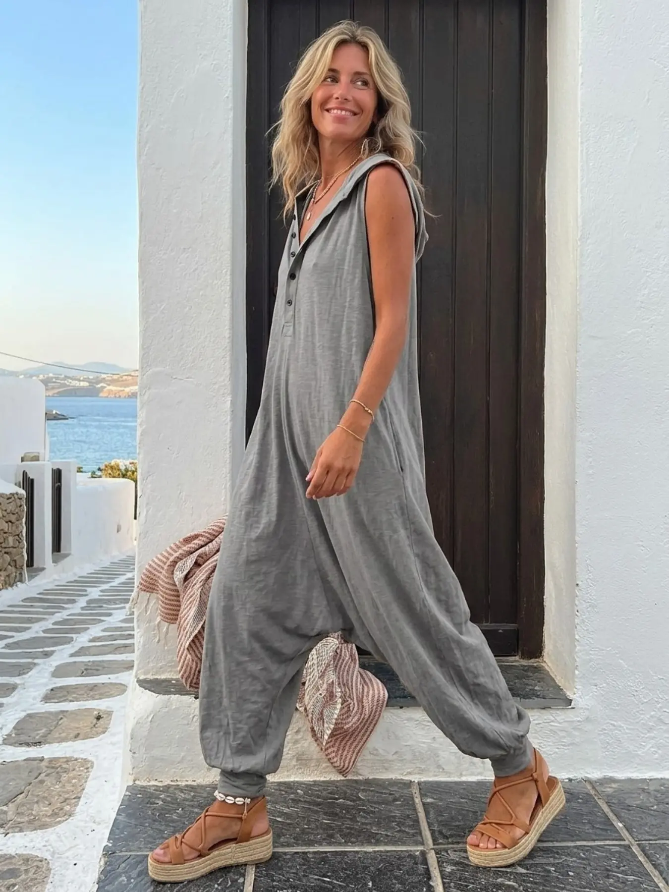 New Summer Lazy Style Hooded Sleeveless Harem Romper, Breathable Fabric, Casual Neckline, Loose Fit, Side Pockets, Beach Vacation Wear