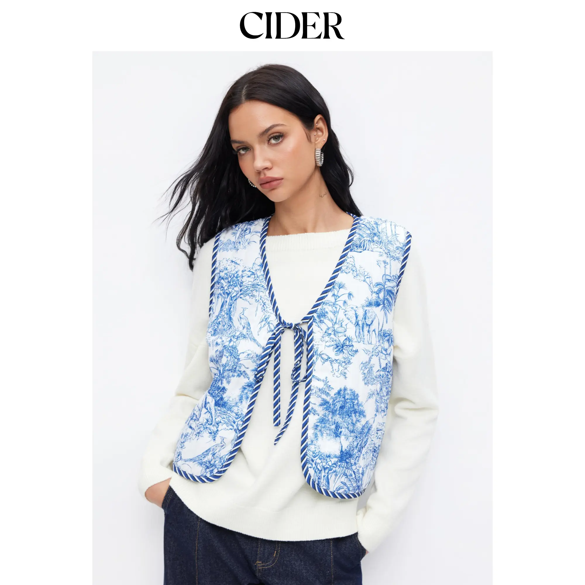 Cider Toile de Jouy Striped Knotted Oversized Puffer Vest