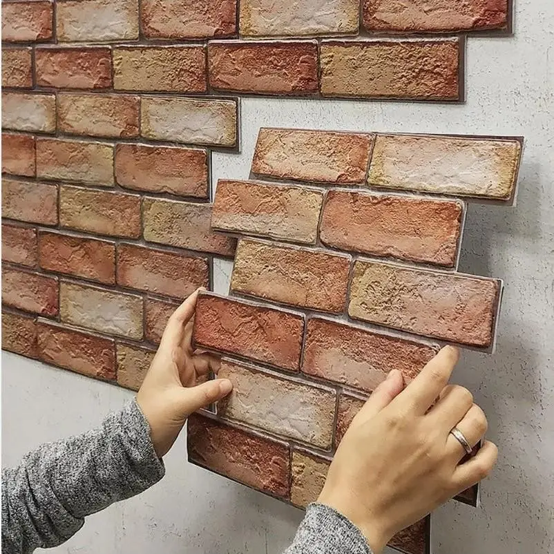 Thin PVC 3D red brick-like self-adhesive wall panel, 10 pieces of 30×30cm small size, ready for immediate peeling and sticking for artificial brick wall covering. Waterproof and splash-proof, suitable for indoor home decoration.