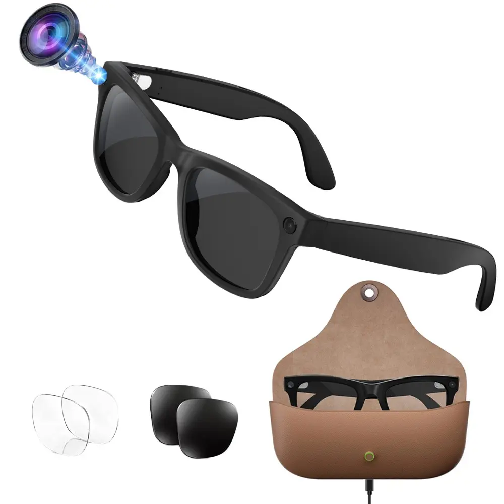 Smart AI Glasses with Video Recording,8MP Camera,3280*2464Pixel Photo Capture, Hands-free Bluetooth Calling, Music Playback,Leather Charging Case, 2GB Memory,300Mah Battery, IP65 Waterproof, AI Translation (26 Languages), 2 Lenses Total