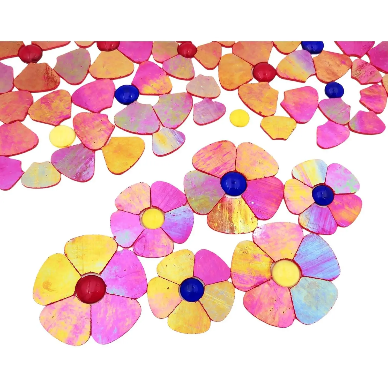 Iridescent Red Multi-Size Flower Shape Glass Tiles - 20PCS Petal Stained Glass Mosaic Pieces for DIY Crafts, Indoor/Outdoor Home Decoration