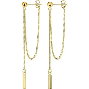 Solid 925 Sterling Silver Chain Dangle Drop Earrings Jewelry • 14K Gold Plated Bar Tassel Threader Studs • Hypoallergenic Everyday Stack Piece for Women & Teen Girls