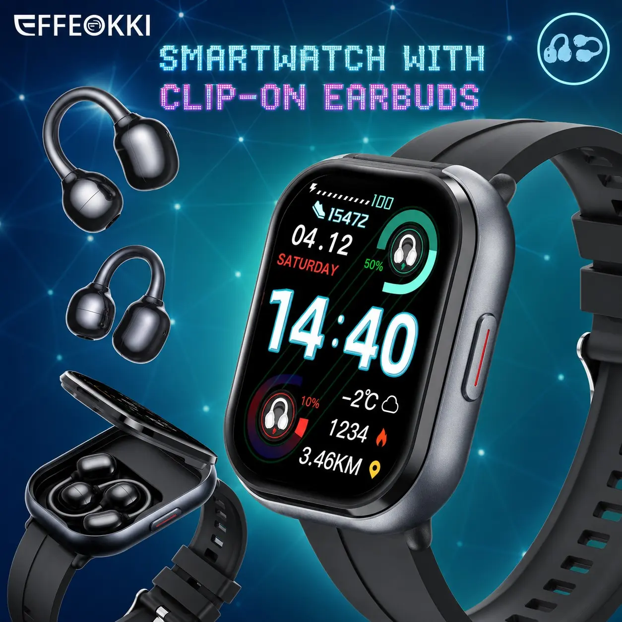 EFFEOKKI Smartwatch with Clip-On Earbuds, 2-in-1 Men’s Wireless Fitness Tracker with Calls, Music, Notifications, Multi-Sports, NFC, for Android & iOS Phone, Perfect Holiday Gift for Husband, Dad, Boyfriend or Friends