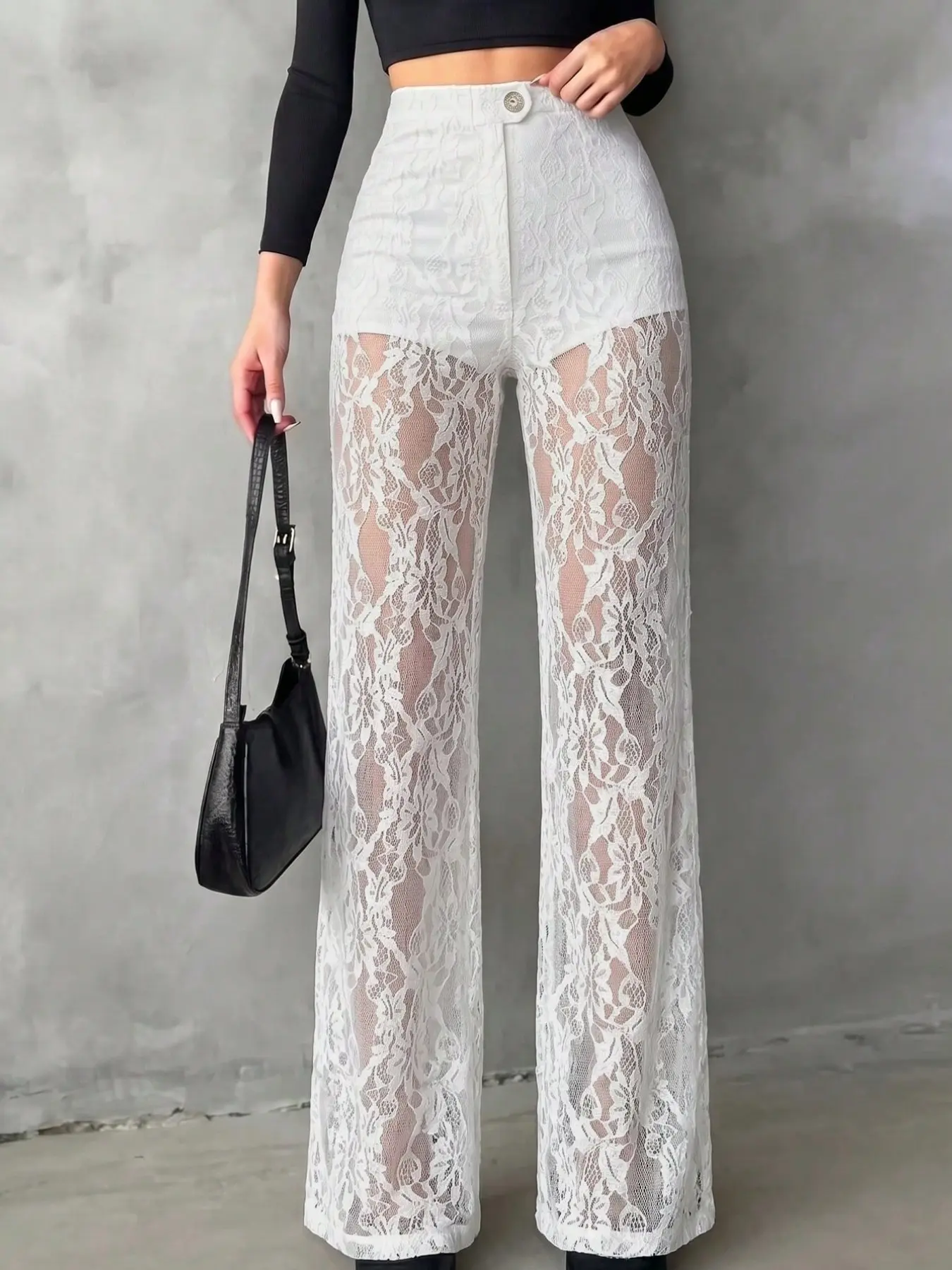 Elegant Chic Fashionable Lace Patchwork Sheer False Button Design Women's Straight Leg Pants Bottom, New Summer and Spring Style, Boho Fashion Trousers