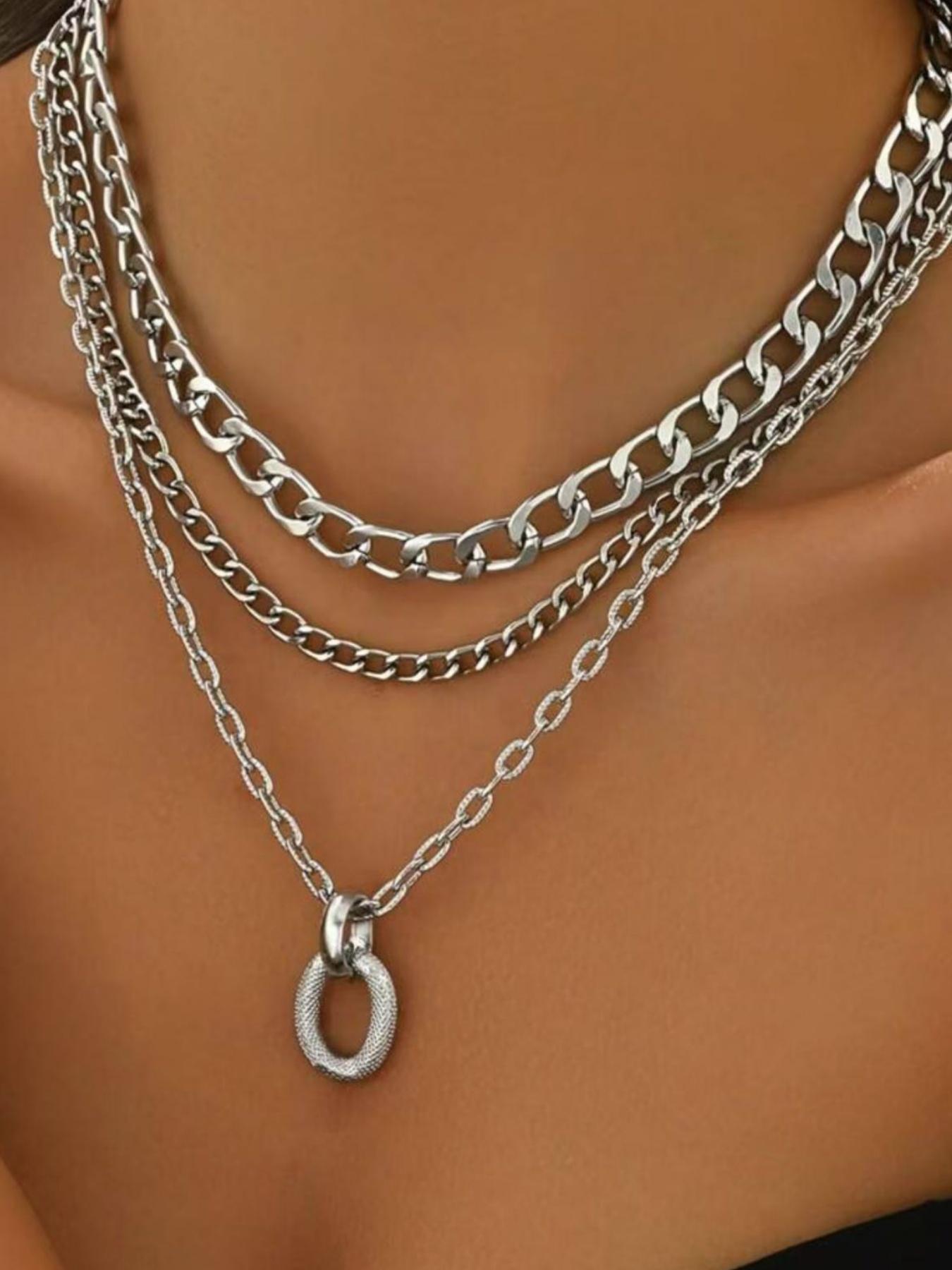 Multi-Layered Hip Hop Necklace for Women, Geometric Oval Pendant with Chunky Aluminum Chain, Minimalist Style Gift for Parties, Chunky Chain Choker