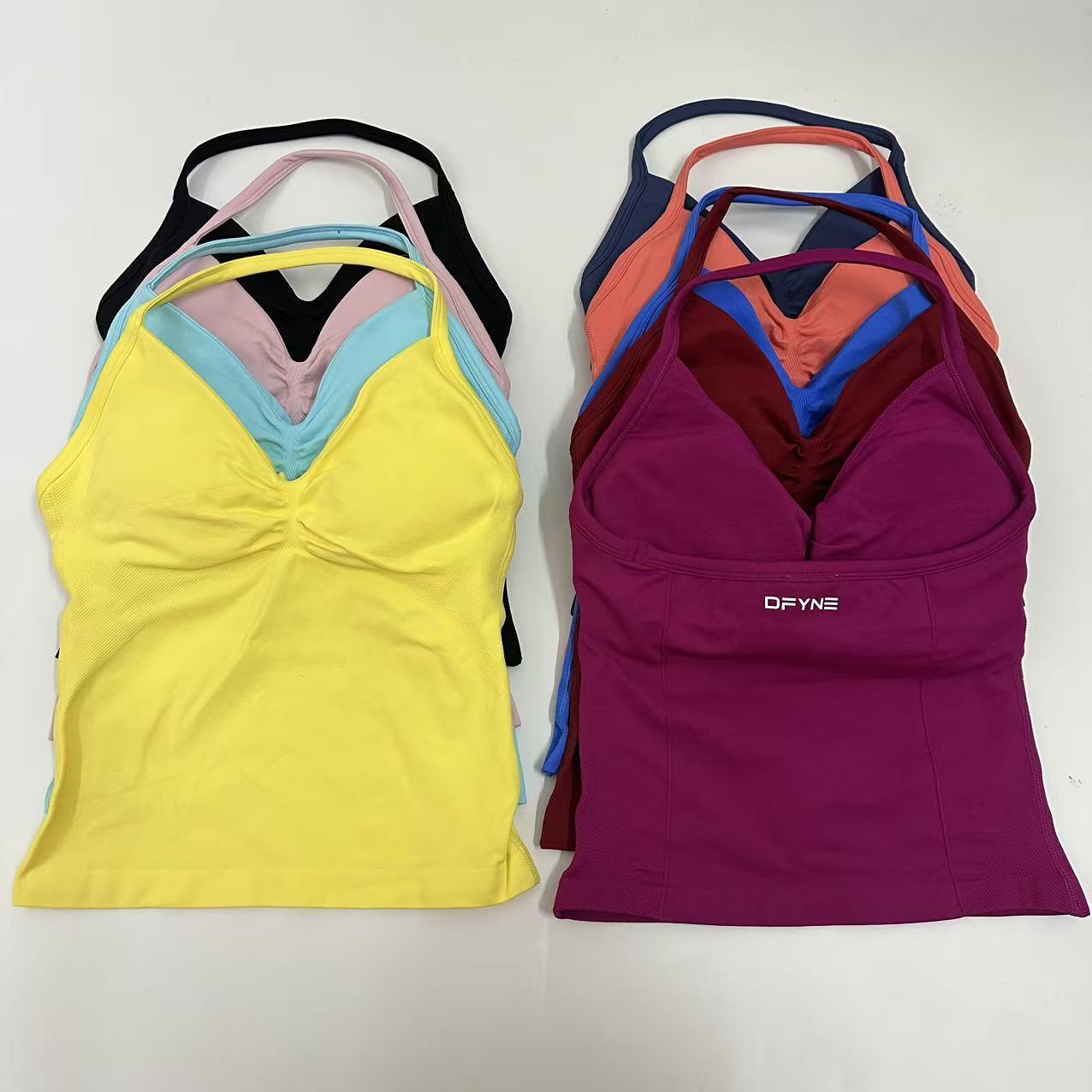 DFYNE Backless Fitness Tank Top with Built-in Bra Pads, Long Straps, and Elongated Cuffs for a Slimming Look, Ideal for Yoga Training.