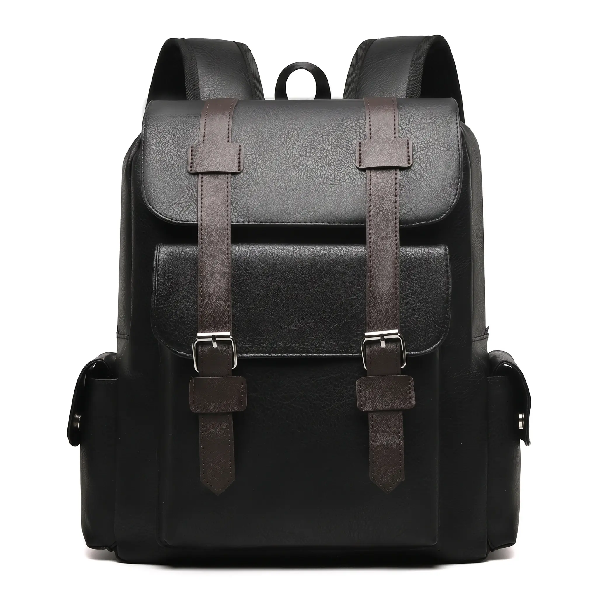 Casual Retro Grain Texture Soft PU Leather Backpack with Belt Buckle, Adjustable Straps, Waterproof, 14-Inch Laptop Compatibility, Large Capacity for Daily Commute, Unisex