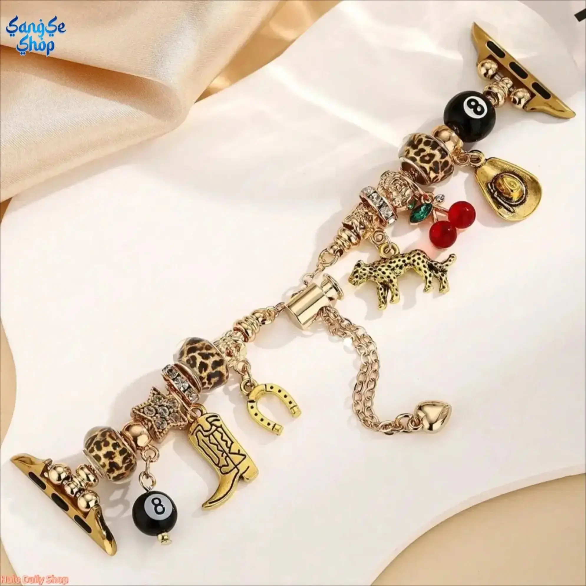 2026 Western-Style Leopard Print Pendant Apple Watch Band – Vintage Silver Cactus & Cowboy Boot Bracelet-Style Strap for Women; Stylish, Unique Wristband Compatible with Apple Watch Ultra/SE & Series 1–11 (Universal Fit for 38–49mm) – Trendy Smartwatch Ac