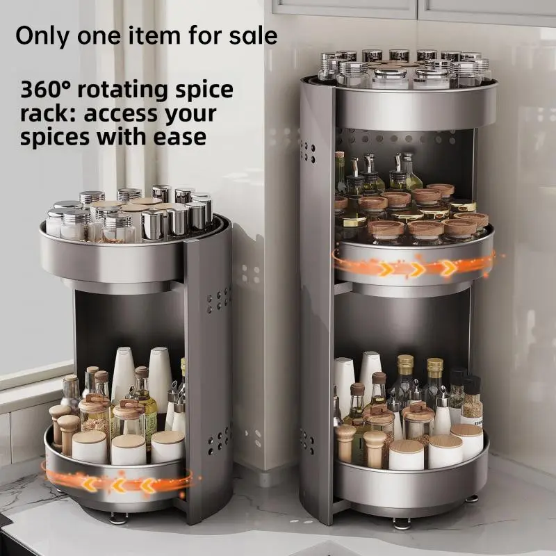 360-degree rotating spice rack, kitchen countertop corner shelf, Adjustable Metal Shelf, multifunctional storage organiser for oil, salt, sauce, and vinegar
