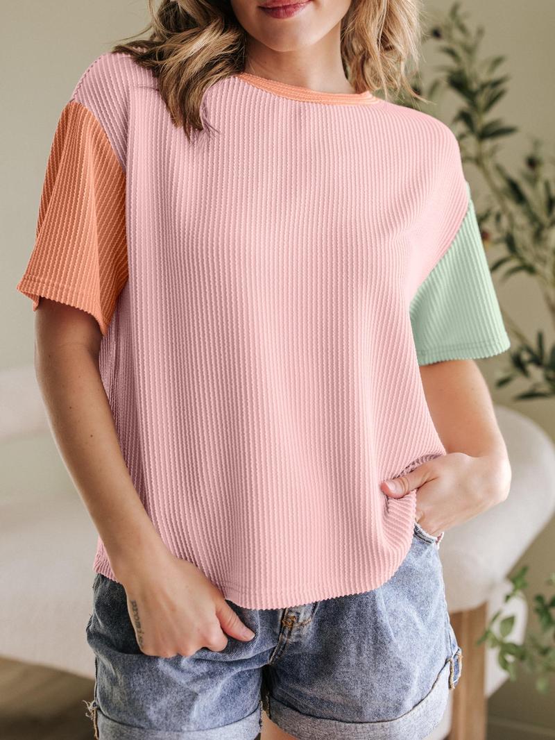 Women's Colorblock Striped Print Tee, Casual Short Sleeve Round Neck T-shirt for Summer, Ladies Clothes for Daily Wear, Cute Tops