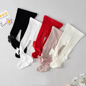 5-piece set of soft and cute baby girl tights, seamless knitted leggings with bows, pure cotton tights toddler girls, candy-colored socks, white socks, baby knee pads