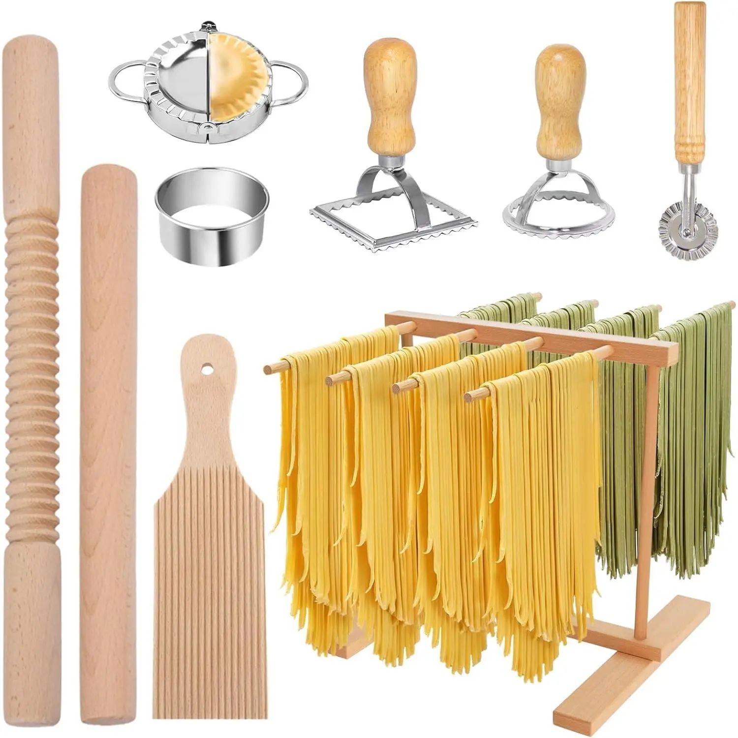 Pasta Making Tools, 9 PCS Wood Pasta Making Kit with Pasta Drying Rack, Pasta Roller, Gnocchi Board, Ravioli Cutter Pasta Making Accessories