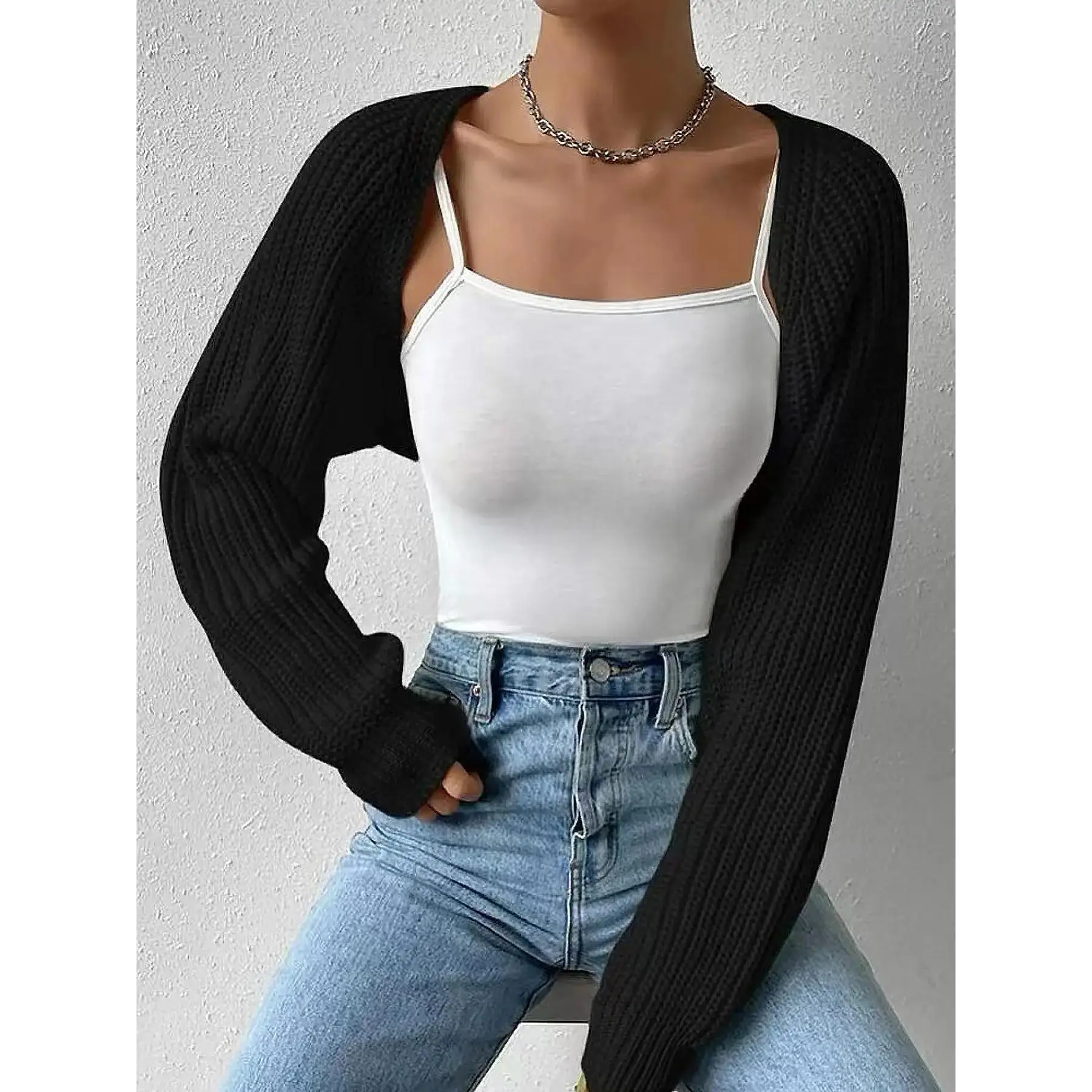 Women's Solid Raglan Sleeve Crop Cardigan Without Camisole, Casual Long Knitwear for Spring & Fall, Clothing Daily Wear Everyday capsule wardrobe going out top polished all day comfort