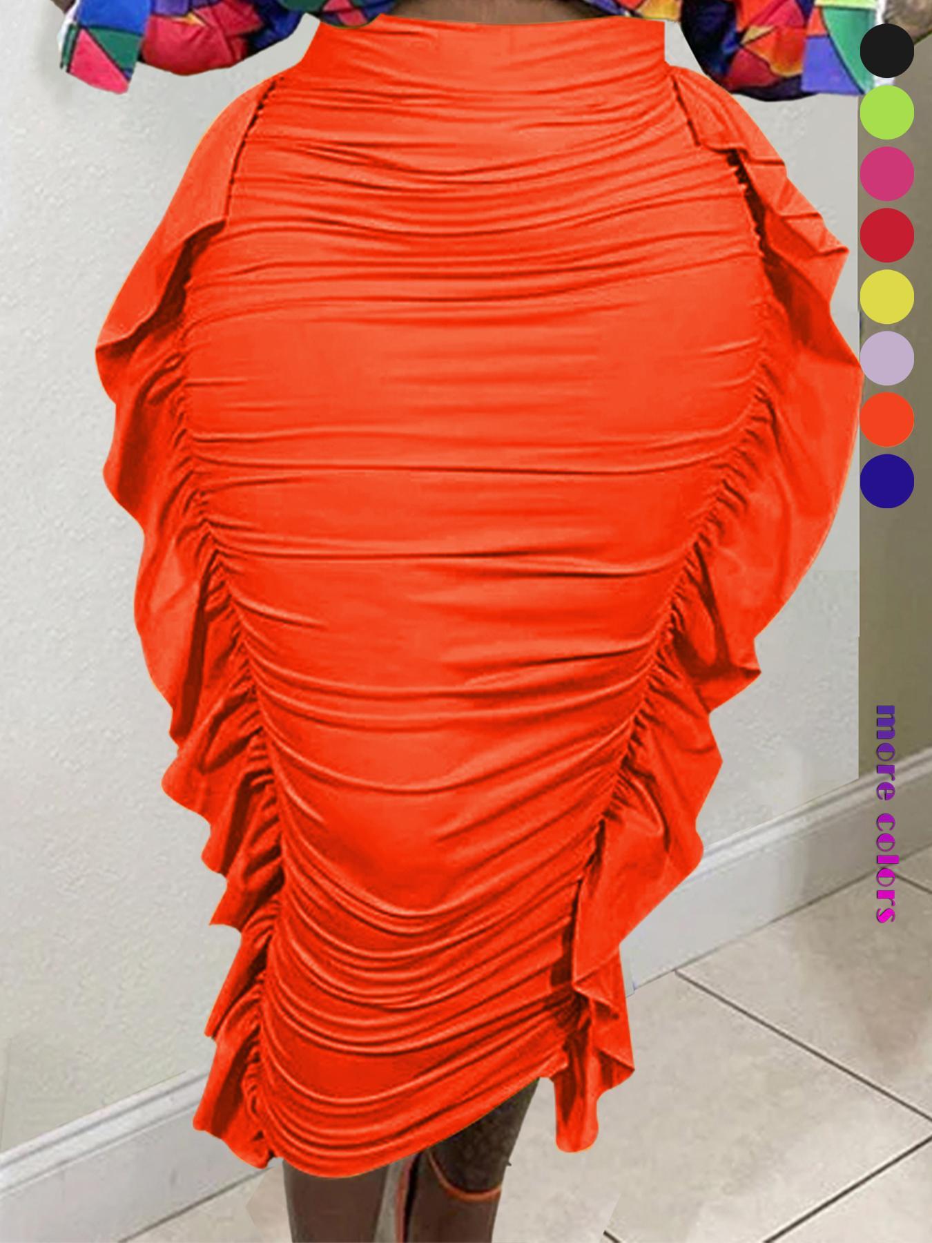 Women's Plain Ruched Ruffle Trim Bodycon Skirt, Casual Fashion High Waist Midi Skirt for Daily Outdoor Wear, Women's Bottoms for Spring & Fall