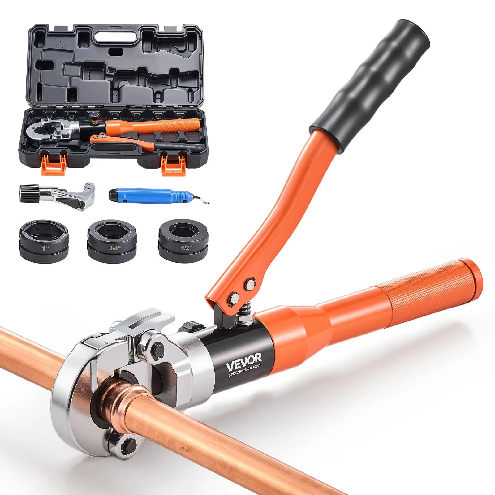 VEVOR Copper Pipe Crimping Tool, Hydraulic Driven Press Tool with 1/2", 3/4", 1" VUS Jaws, Copper Tube Fittings Crimper for Narrow Spaces, Straight Bend Fittings - Compatible with ProPress