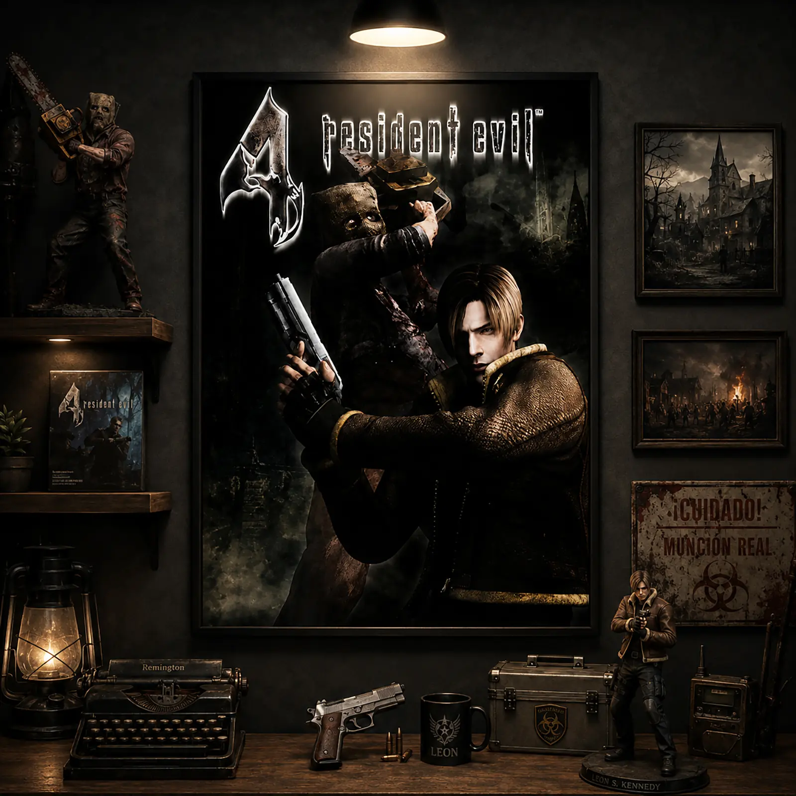 Black Framed Resident Evil 4 High-Definition Canvas Print, Leon Kennedy Artistic Horror Game Wall Decor, Gamer Aesthetic Multi-Size Home Decor with Protective Pack for Gamer Room, Man Cave, 20"X30", Modern