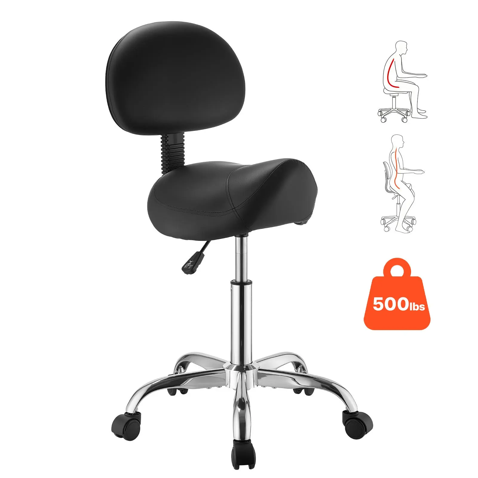 【DealsForYouDays】VEVOR Armless Saddle-Shape Rolling Chair, 500 lbs Weight Capacity, Adjustable Height, Ergonomic PU Leather Seat, 360° Swivel with Wheels for Salon, Medical Use, Black