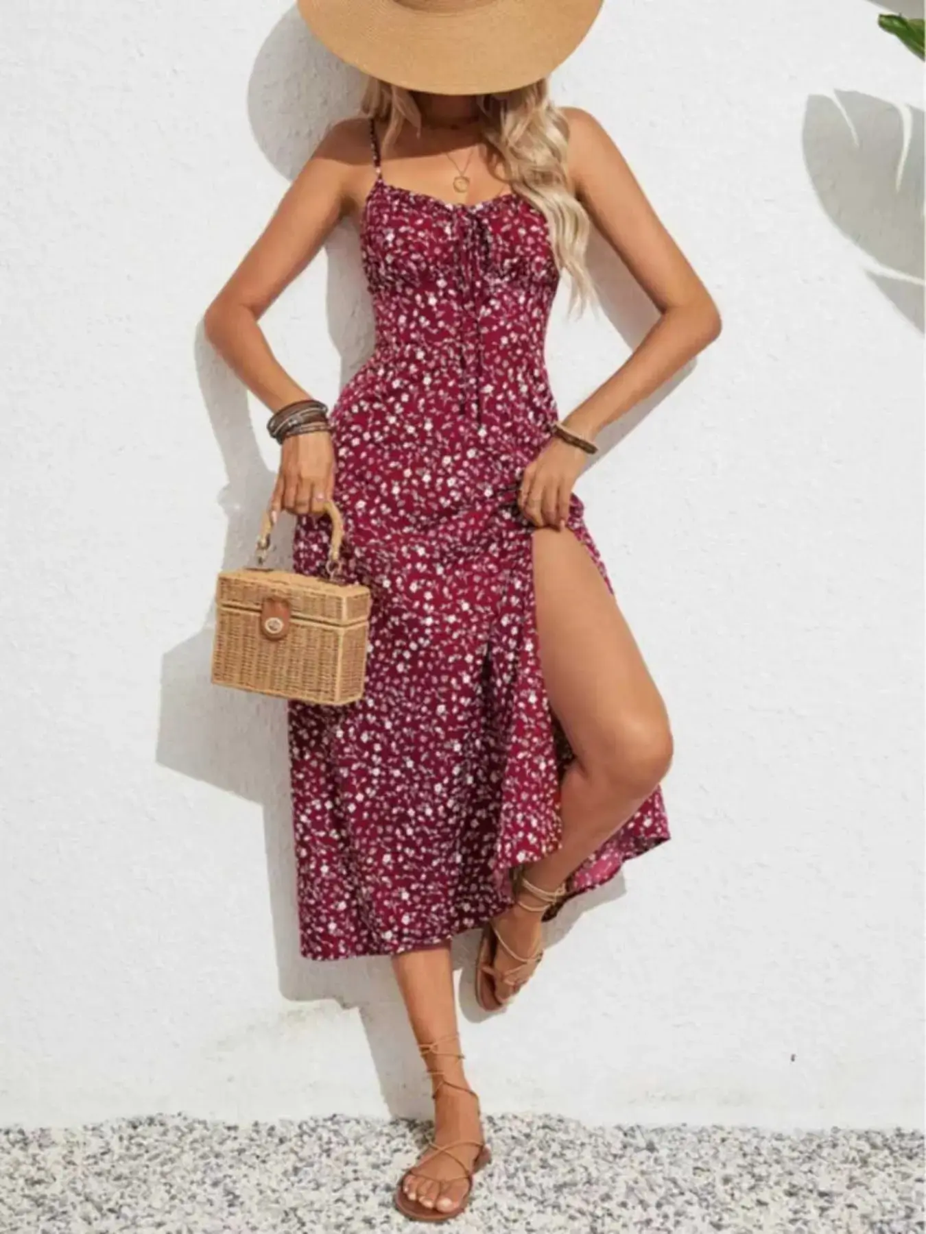 Women's Summer All-Over Print Spaghetti Strap Full-Length Casual Dress - Ruched Bust, Front Seam, Full-Length Noodle Tie, Minimalist Old Money Style, Machine Washable Office-Casual Wear, Full-Length Dress