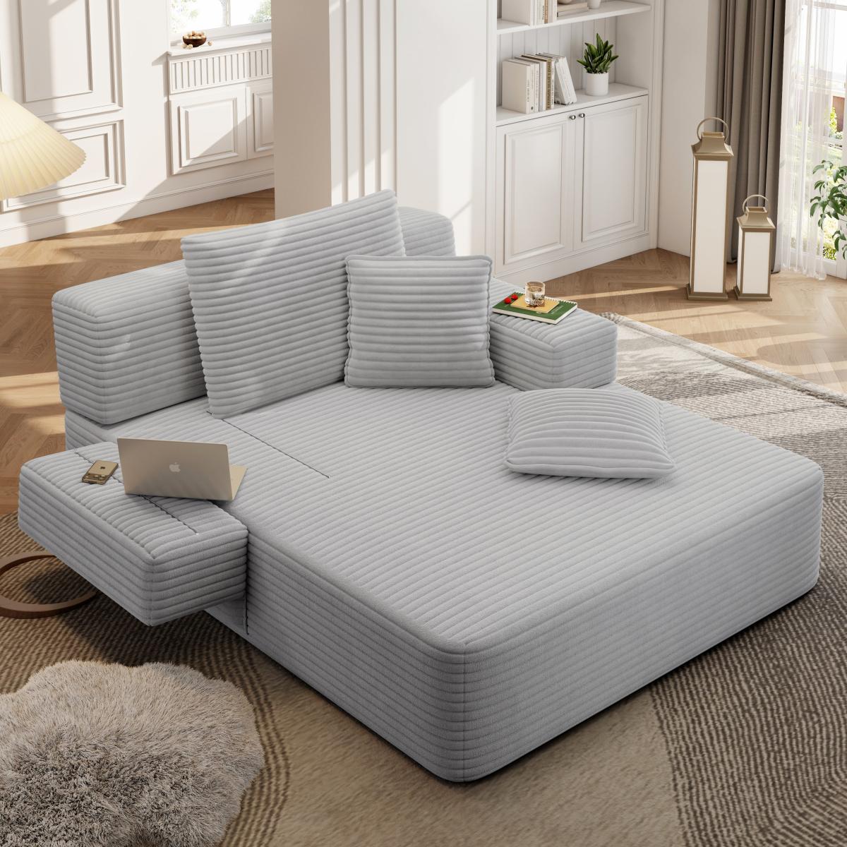 Luxurious Plush Corduroy Chaise Lounge with 3 Pillows, Convertible Sofa Bed with Storage Pocket, Frameless Design & Compression Foam for Small Spaces, Living Room, Apartment,Light Grey