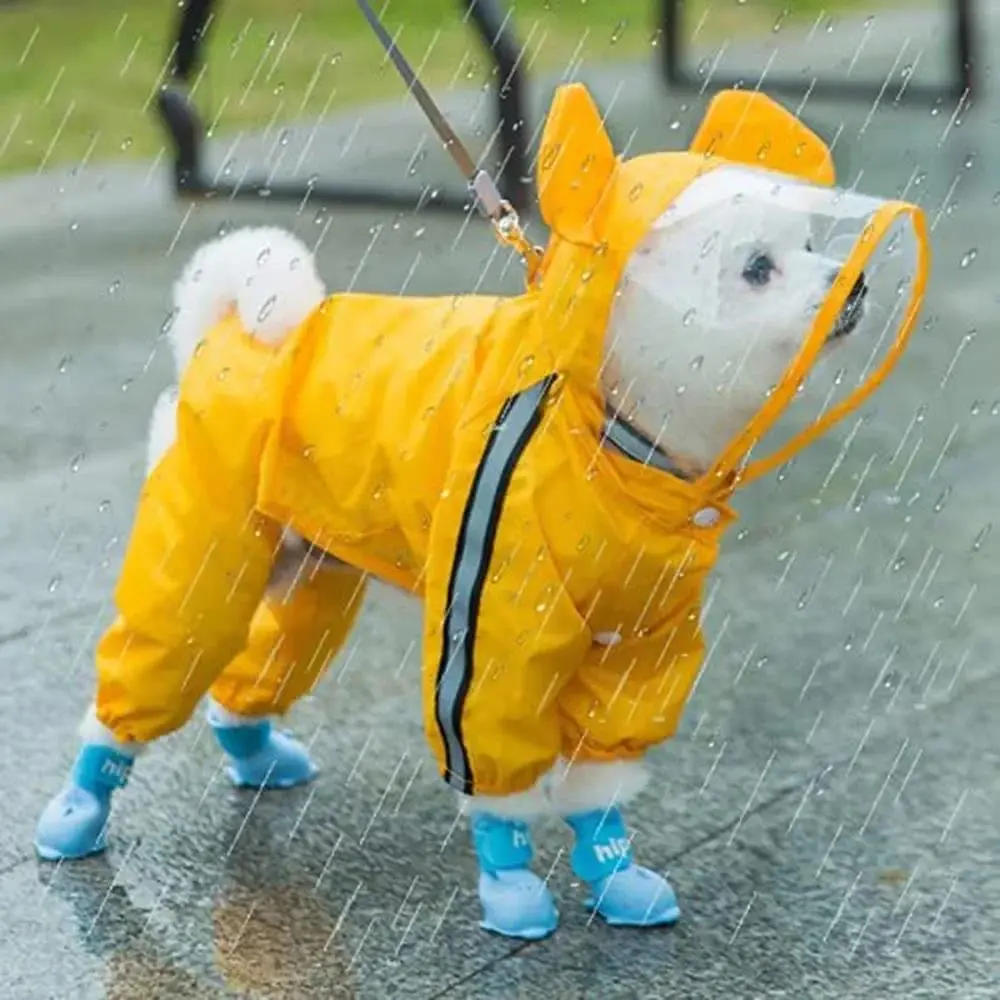 Dog Raincoat - Cute Bear Shape 1-Piece EVA Fabric Rain Jacket for Puppies, Full Coverage with Hat, Reflective Strips, Double Layered Waterproof Universal Fit Hooded Cloak