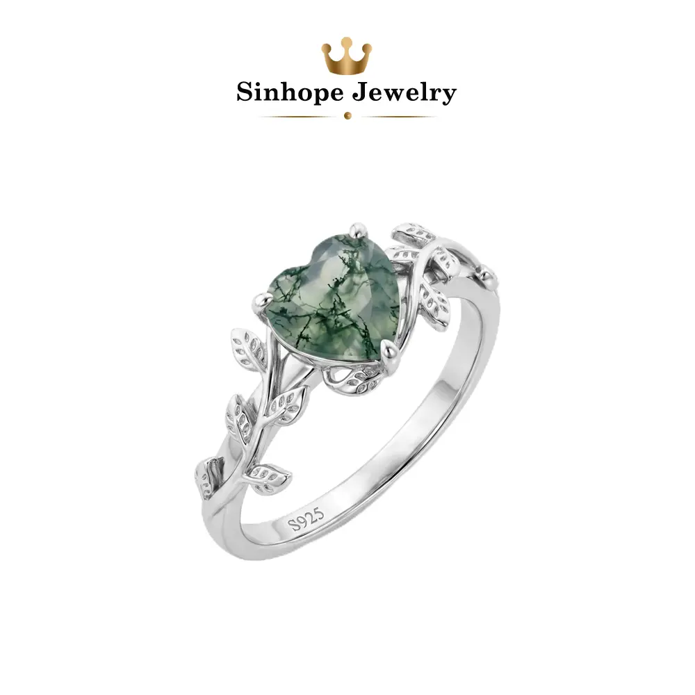 Heart Moss Agate Ring S925 Sterling Silver, Nature Branch Leaf Design Natural Green Moss Agate Gemstone Ring, Vintage Promise Engagement Jewelry Gift for Women