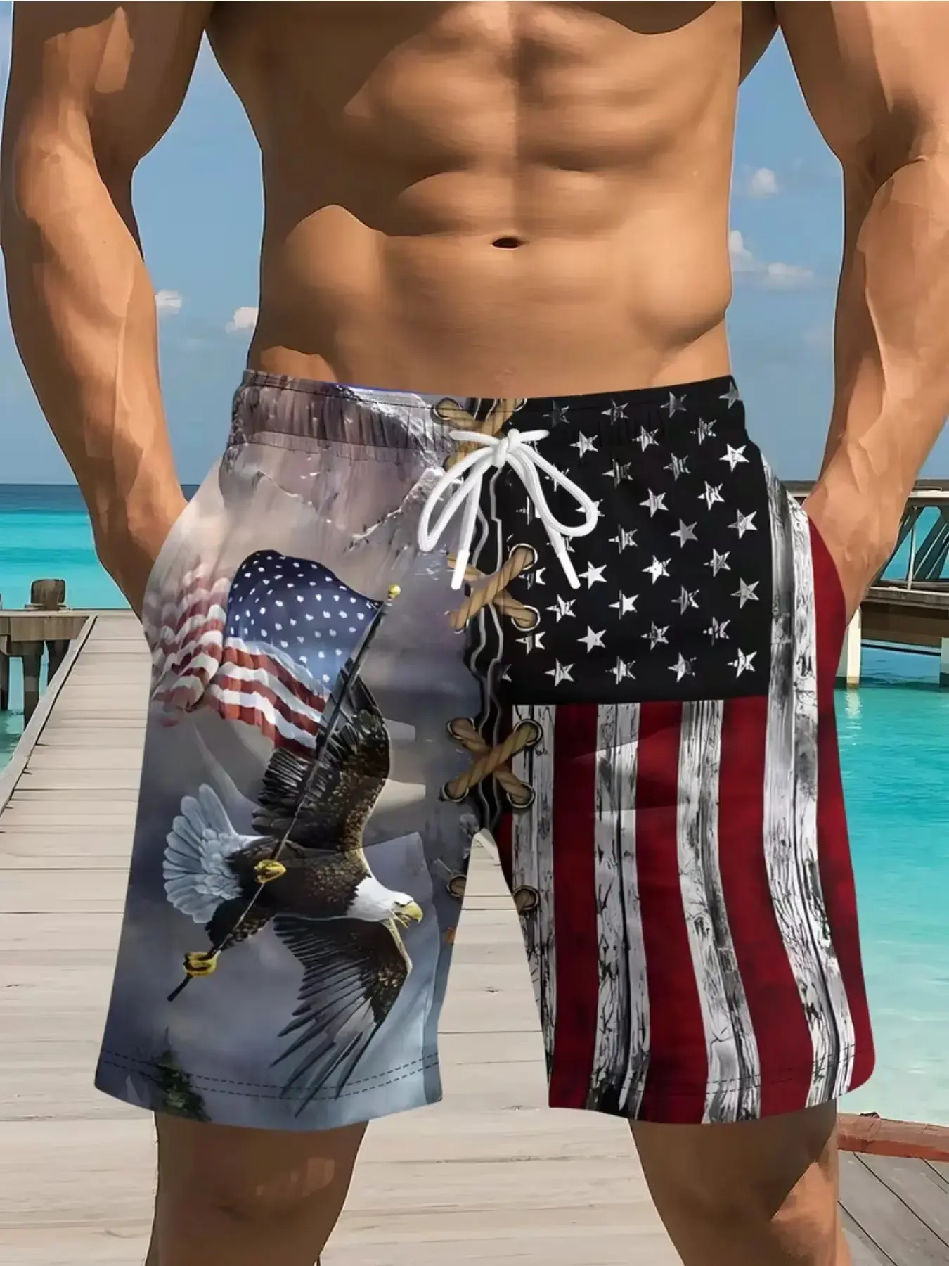 American Flag All Over Print Pattern Beach Pants, Men's Quick-Dry Printed Shorts, Summer Beach Vacation Casual Pants, Fashionable H-Type Short Pants Beachwear