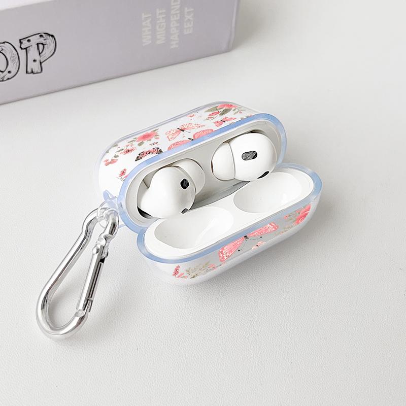 Butterfly Floral Dream Pattern TPU Soft Protective Case for Apple AirPods 4/3/2/1/Pro/Pro2 Transparent Earphone Cover with Keychain Attachment