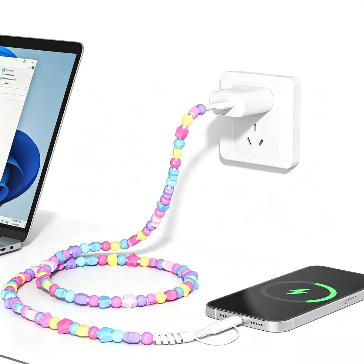 Sparkling Beaded Luggage & Bag Accessory - 4-in-1 Detachable Reinforced Charger Cable, Multi-Plug Connector for Electronic Tablets, Smartphones, Cellphones, Universal Compatibility, Stable Charging & Data Transmission (Digital, Lightning, USB-C)