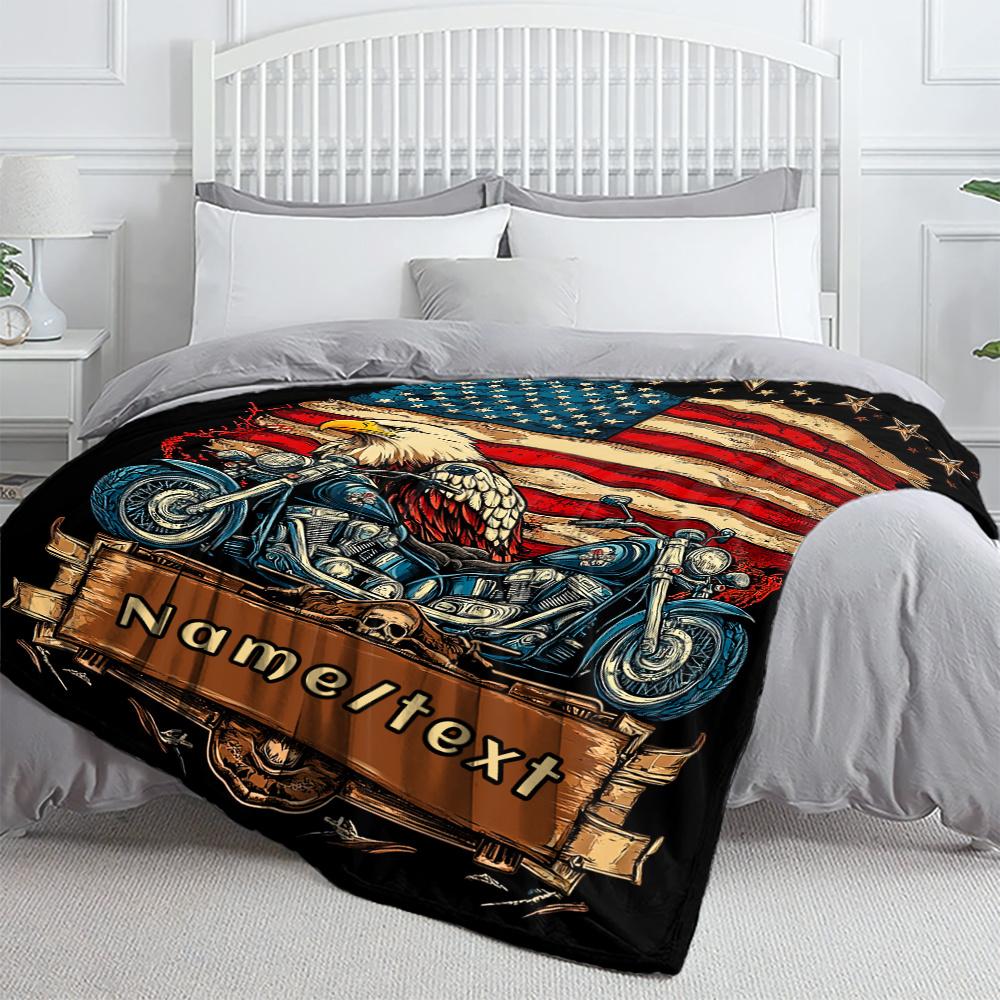1 Customizable Motorcycle Eagle American Flag Printed Blanket - Personalized Name/Text, Suitable for All Seasons, Lightweight Polyester Flannel Blanket, Suitable for Sofa, Bed, Travel - Digital Printing, Warm and Soft, Ideal Gift