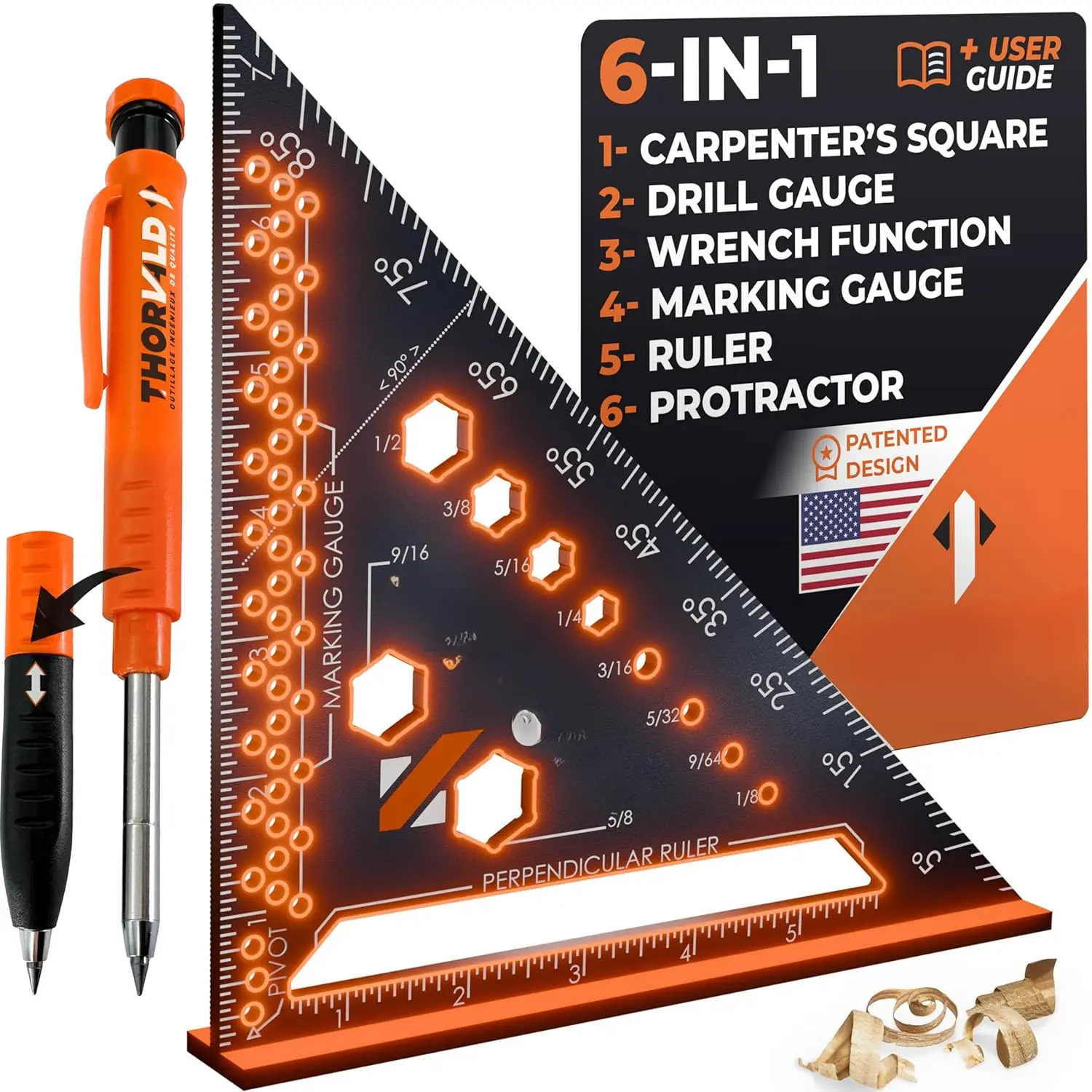 7-Inch Accurate Aluminum 6-in-1 Carpenter Square Multi-Tool Measuring Instrument - 1 Square with 2 Rulers, Wrench, Protractor, Marking Gauge, Drill Gauge, Removable Grip, 2-in-1 Carpentry Pencil (1/16" Precision),techvibes