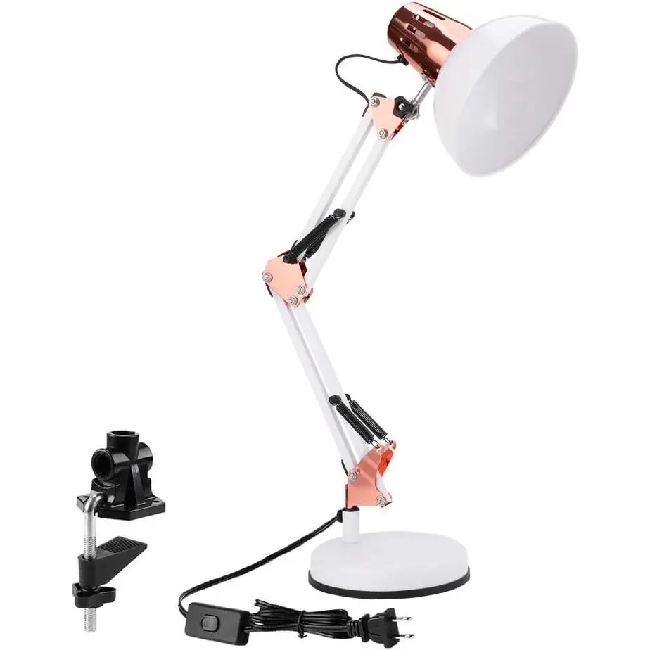 White Rose Gold Metal Swing Arm Desk Lamp with Base & Clamp, Adjustable Architect Lamp, On/Off Switch, Fits E26/E27 Bulbs, Eye-Caring Reading Light for Home Office Work StudyGift