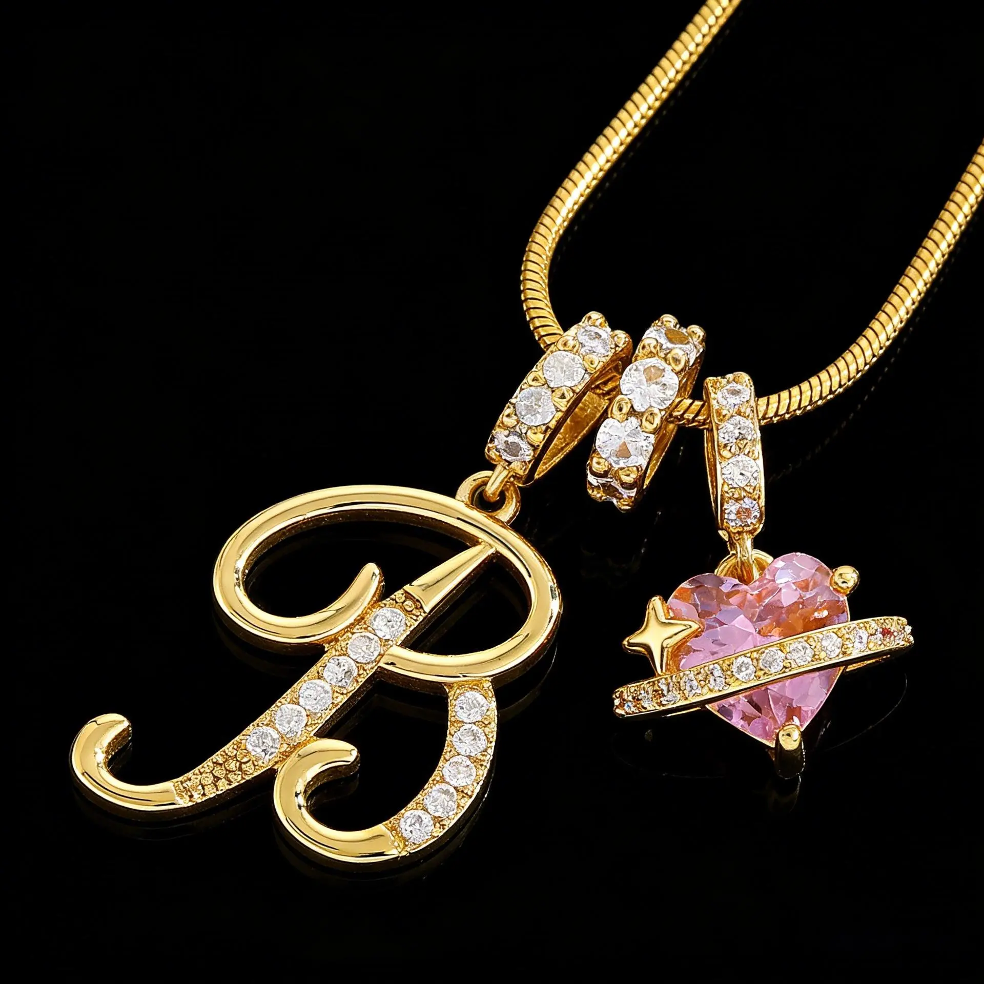 14K Gold Plated Trendy A-Z Letter Pendant Necklaces, Dainty Monogram Name Necklace Personalized Initial AAAAA+ Pink Heart Cubic Zirconia Pendant Necklaces Festivals, Birthdays, and Special Occasions Party Jewelry Gift