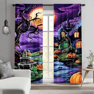 2 pieces of high-definition digital fantasy haunted house Halloween printed decorative curtains. They can be hand-washed or machine-washed. Hang with a pole bag. Suitable for bedroom and living room decoration. Home decoration living room curtains.