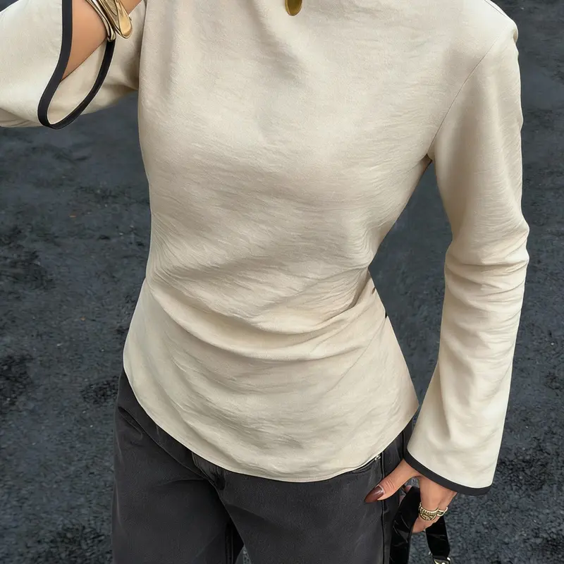 Basic Tie Waist Long Sleeve Shirt, Slim Fit Ruffle Top, Vintage Elegant Vibe Blouse, Soft Waist Outerwear, Casual Office Wear, Cinched Waist Shirt
