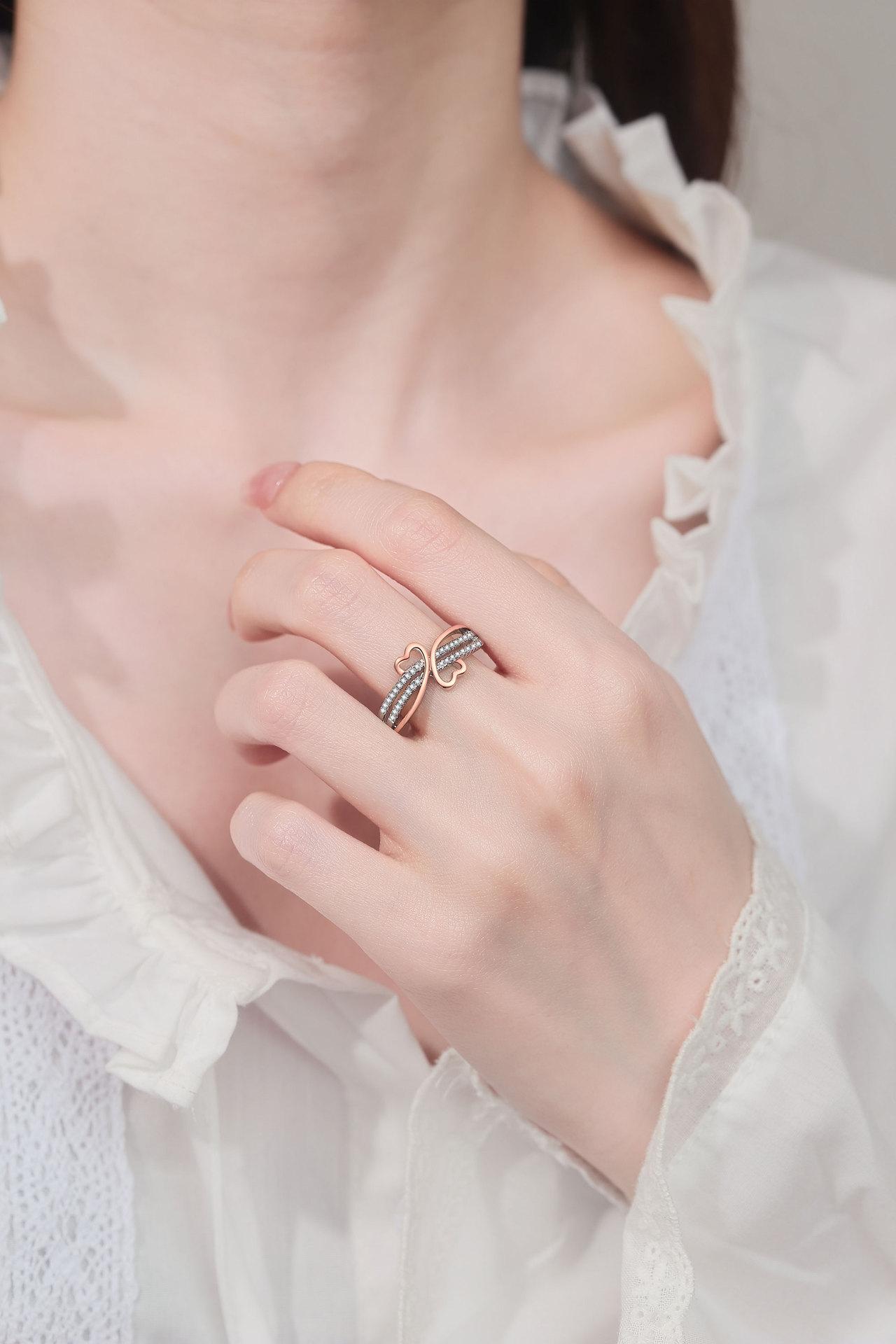 Two-Tone Rose Golden Double Heart Ring For Women Inlaid With Zircon Simple Wave Dainty Ring Band Adjustable Open Unique Stacking Rings