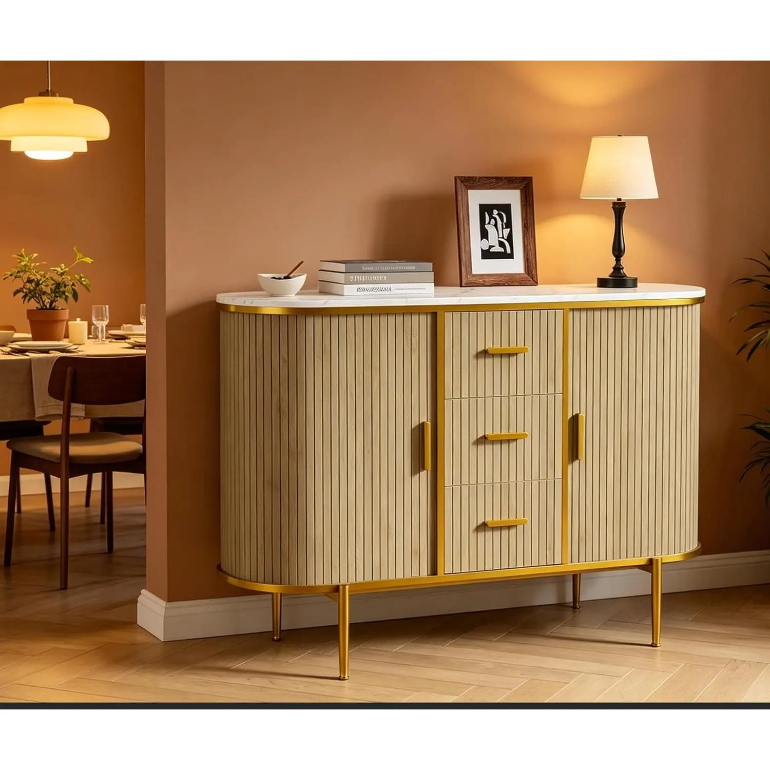 47.3" Modern Buffet Cabinet with Storage, Mid Century Fluted Accent Coffee Bar Console Table with Faux Marble Top, 2 Curved Profile Sliding Doors & 3 Drawers for Kitchen, Living Room, Entryway