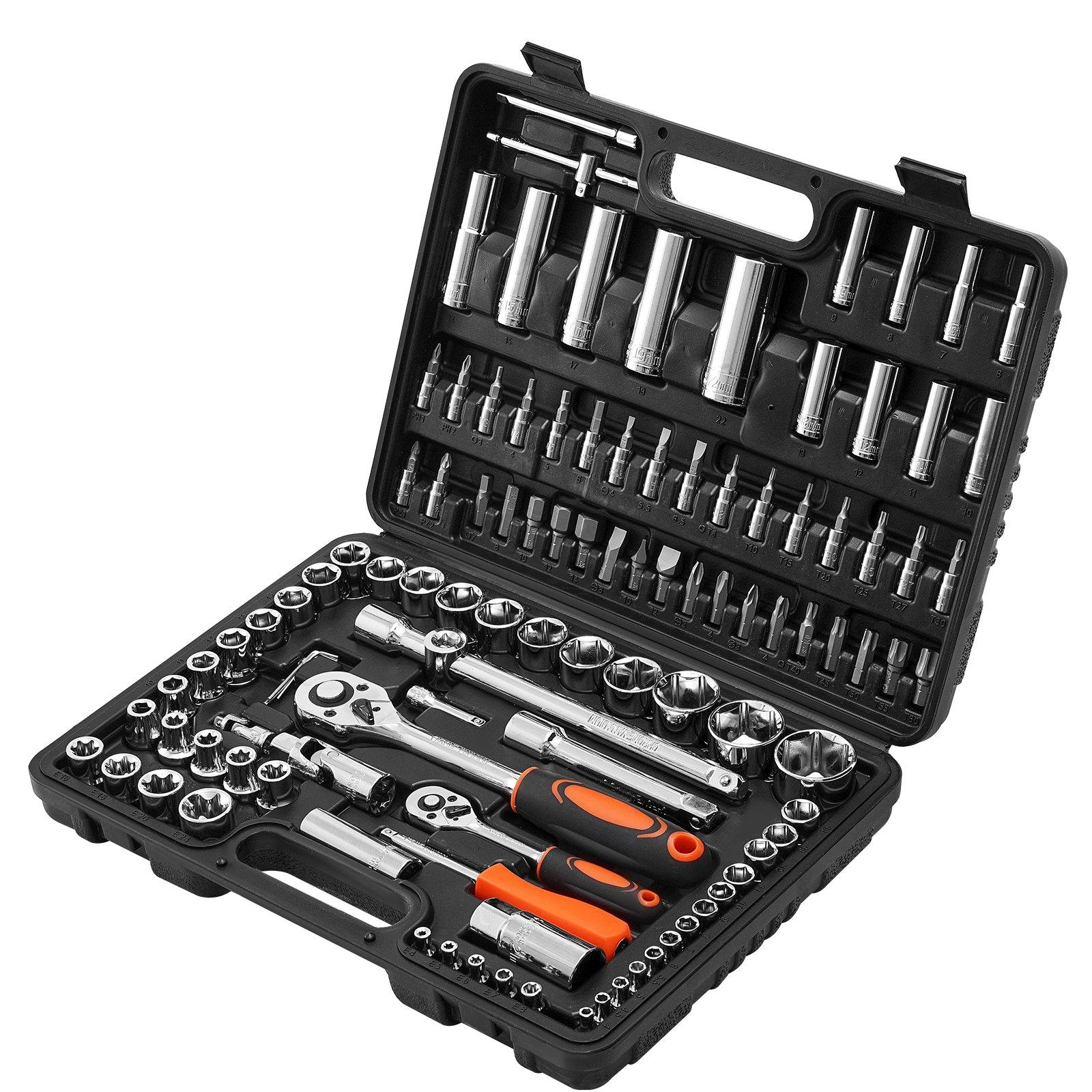 VEVOR Socket Set, 108 Pieces, 1/4 & 1/2 inch Drive Socket and Ratchet Set, Metric Size from 4 to 32 mm, Mechanic Tool Kit with Bits, Accessories, Storage Case, CR-V Alloy Steel, for Automotive Repair