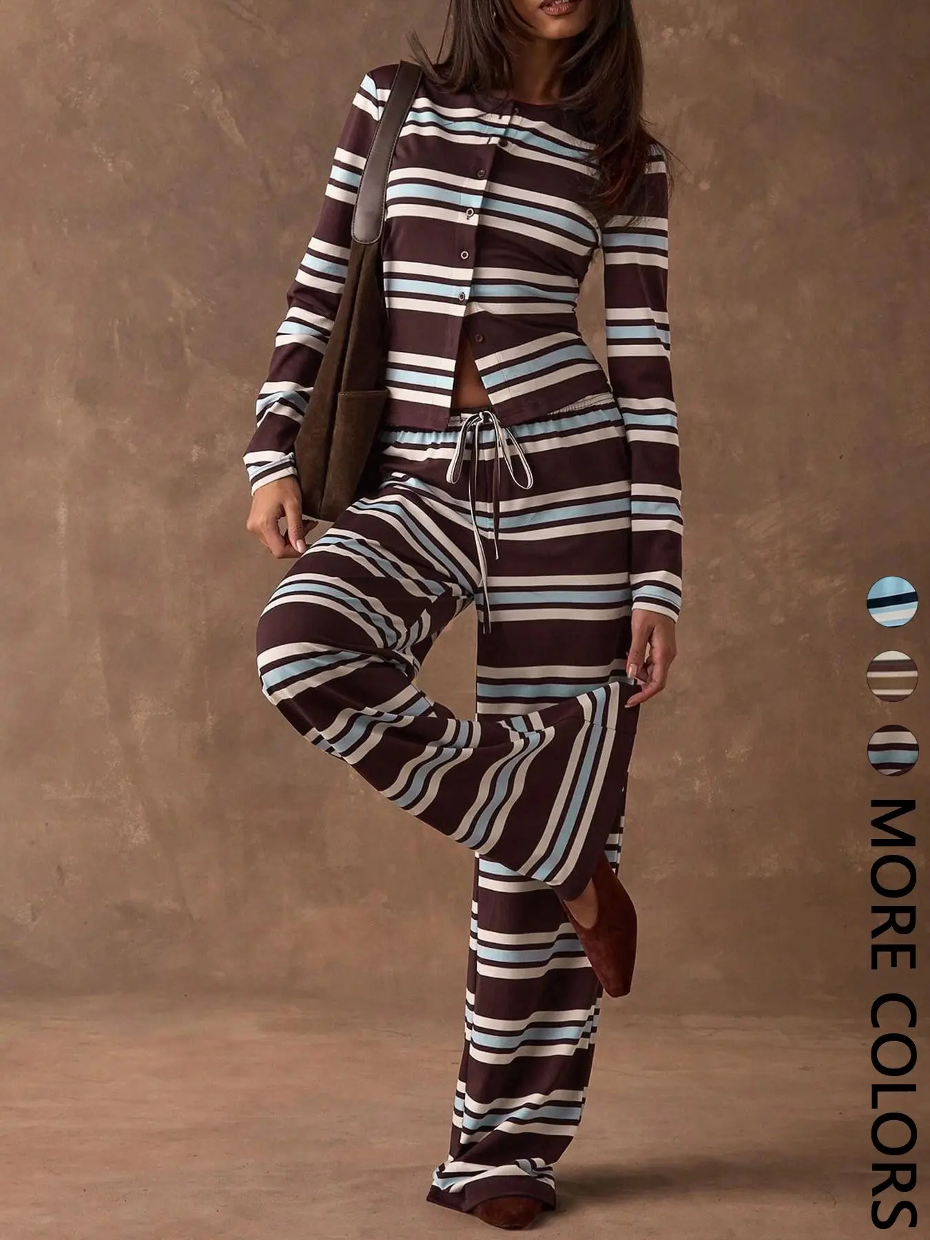 Women's Striped Knit Two-Piece Preppy Matching Set, Crew Neck Long Sleeve Button Front Crop Top, Elastic Waist Drawstring Wide Leg Pants, Daily Casual Loungewear Vacation Wear, Soft Stretchy Breathable