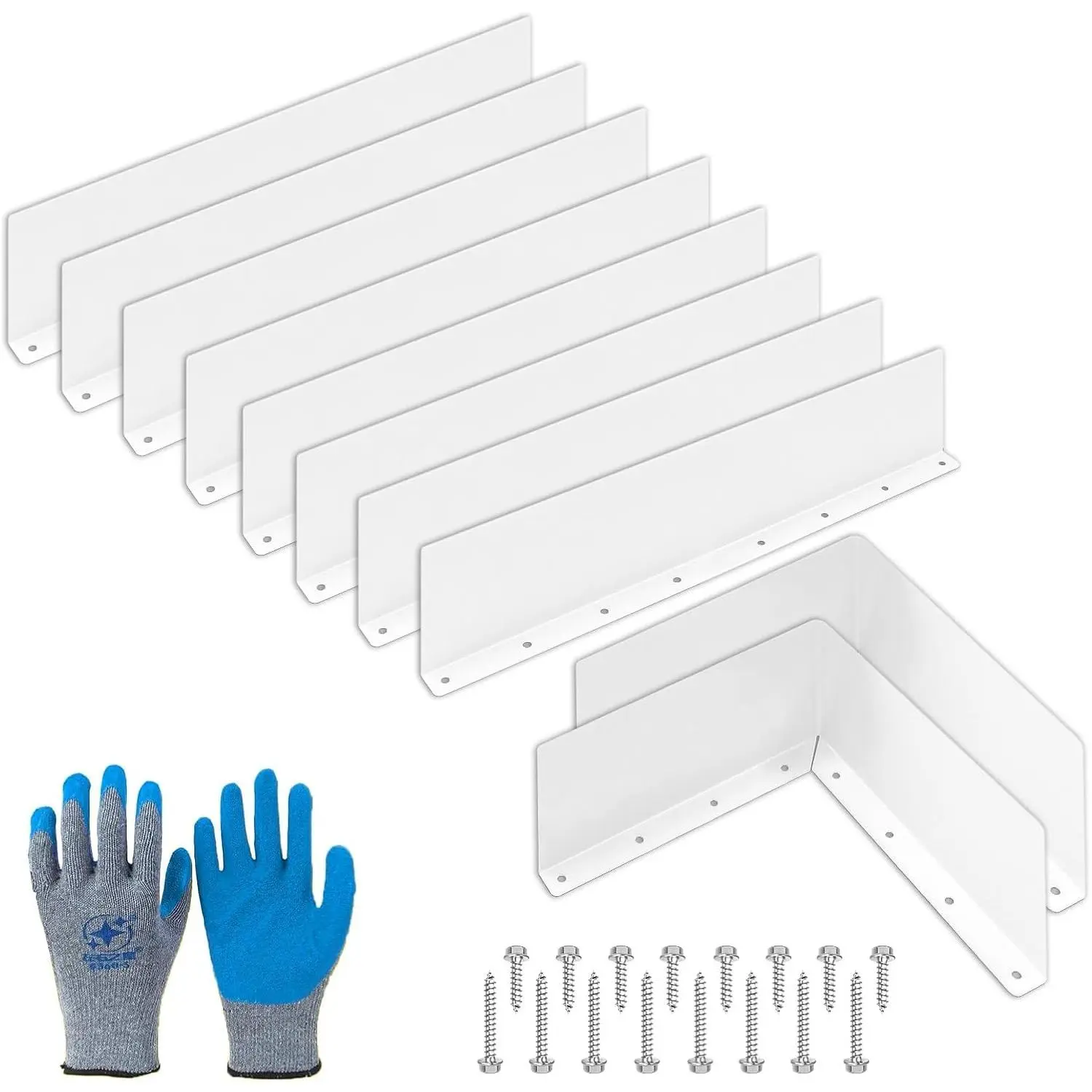 10Pcs White Gutter Splash Guards - 8 Straight + 2 Foldable Roof Rain Diverters, 15.75x3.54in Gutter Valley Guards, 80 Matching Screws & 1 Pair of Gloves, Straight+Folded