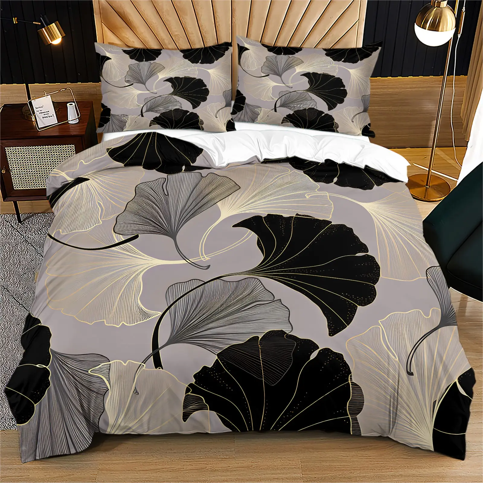 Luxury Gold Line Ginkgo Leaf Duvet Cover Set, Modern Minimal Oriental Floral Bedding, 1 Duvet Cover & 1/2 Pillowcases, Housewarming Gift