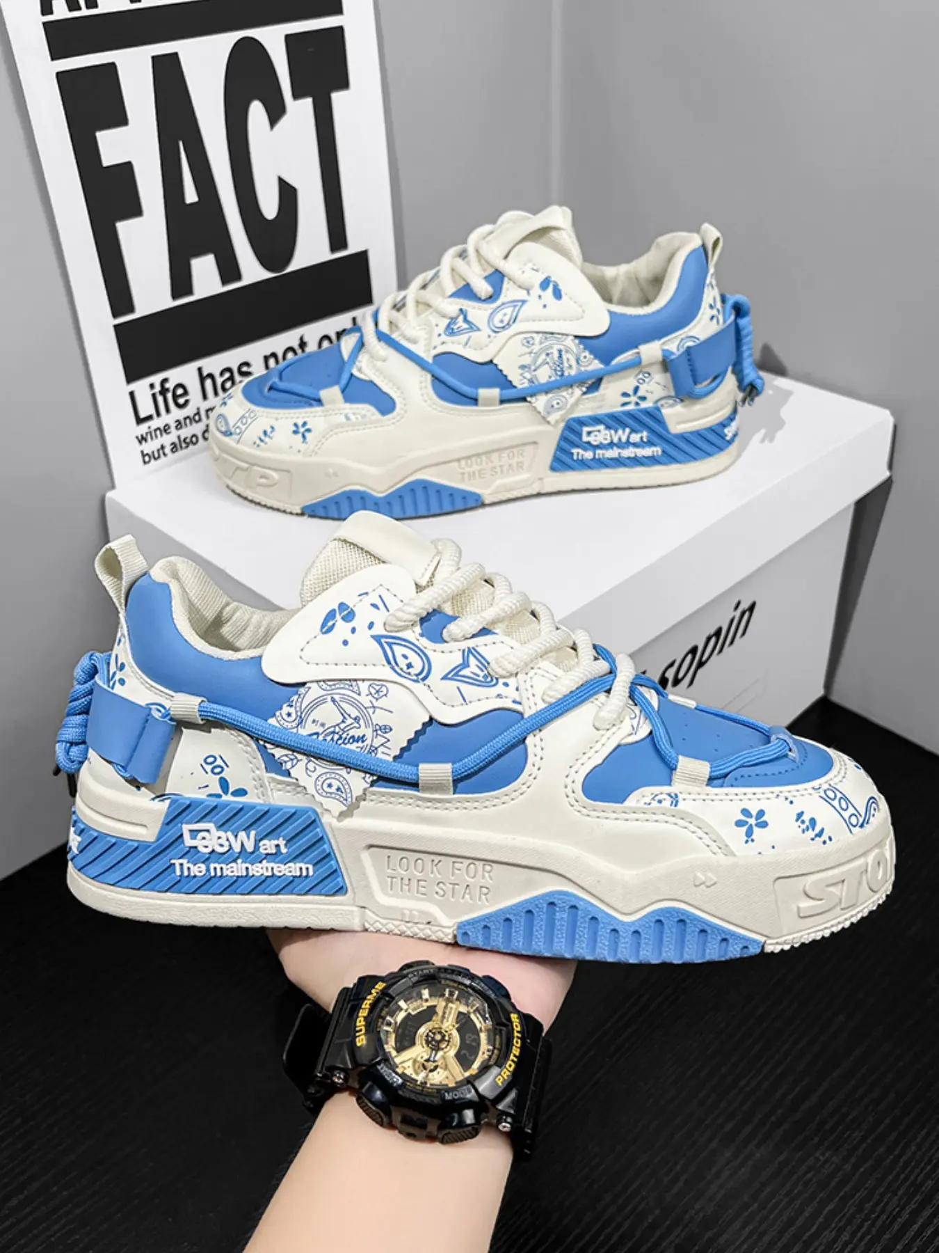 2026 New Men Vintage Print Platform Skate Shoes, Dual Drawstring Ribbon Decor, Color Contrast Patchwork, Serrated Thick Sole, Anti-Slip Lightweight Casual Sneakers for Teens Daily Commute, School, Hip Hop Street & Outdoor Wear