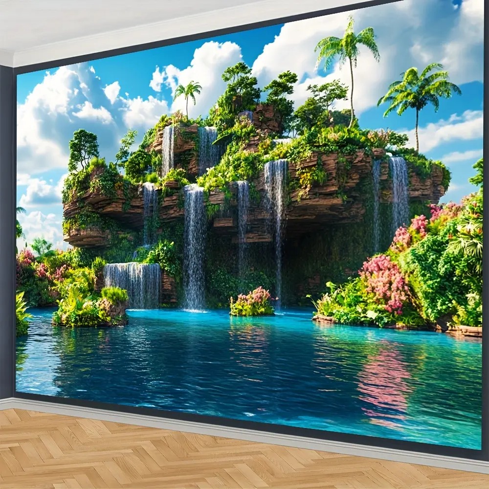 2D wallpaper, 1 piece tropical island floating garden mural - blue ocean, palm trees and blue waterfall background - self-adhesive large removable wallpaper, suitable for parties, weddings, birthdays - durable indoor 2D wallpaper