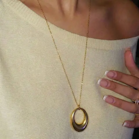 18k Gold Plated Stainless Steel Geometric Oval Pendant Necklace, Minimalist Vintage Luxury Elegant Necklace, Perfect for Daily Wear