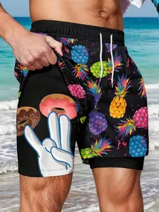 Tropical Pineapple Donut Peace Hand Print 2 In 1 Board Shorts, Men Double Lined Drawstring Swim Trunks, Colorful Fruit Graphic, Quick Dry Lightweight Summer Vacation Beach Shorts, Swimwear Shorts.