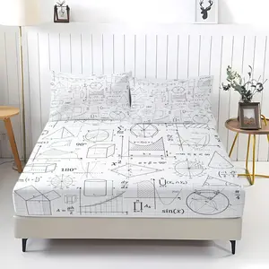 3Pcs Math Formula Grid Print Fitted Sheet Set, Vintage Math Equation Bed Sheet Set, Geek Nerd Style Bedding Set No Fillers, Soft Microfiber Decorative Bed Set for Student Bedroom Dorm Room Home Decoration