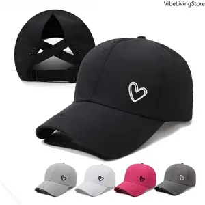 Womens Heart Cutout High Ponytail Baseball Cap, Solid Mesh Snapback UV Sun Hat For Golf Daily Outdoor Wear